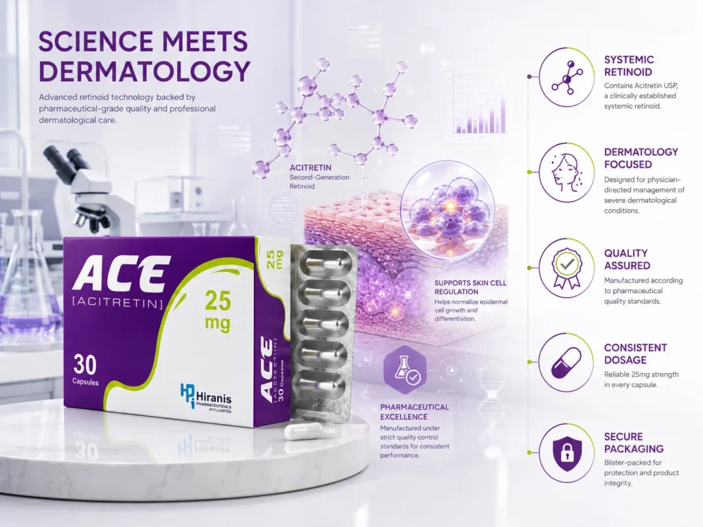 ACE® Acitretin 25mg Capsules displayed in a premium dermatology-inspired pharmaceutical scene with scientific graphics, blister pack, and quality-focused healthcare branding.