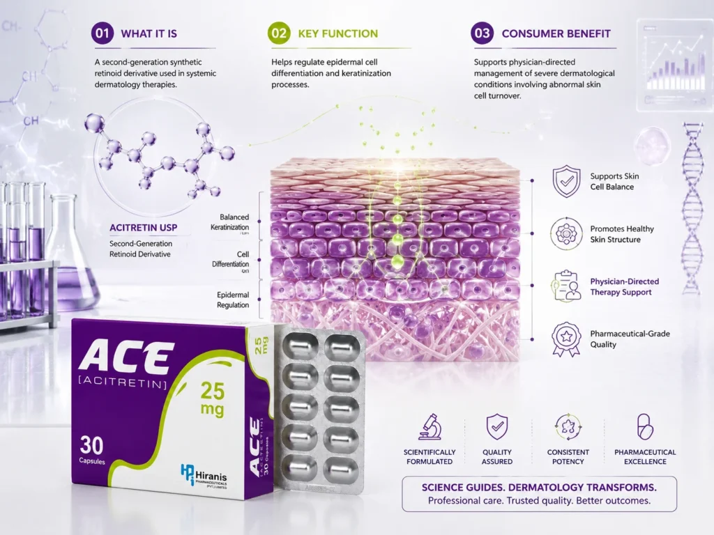 ACE® Acitretin 25mg infographic with product pack, skin-layer visualization, retinoid science graphics, and dermatology therapy benefits.