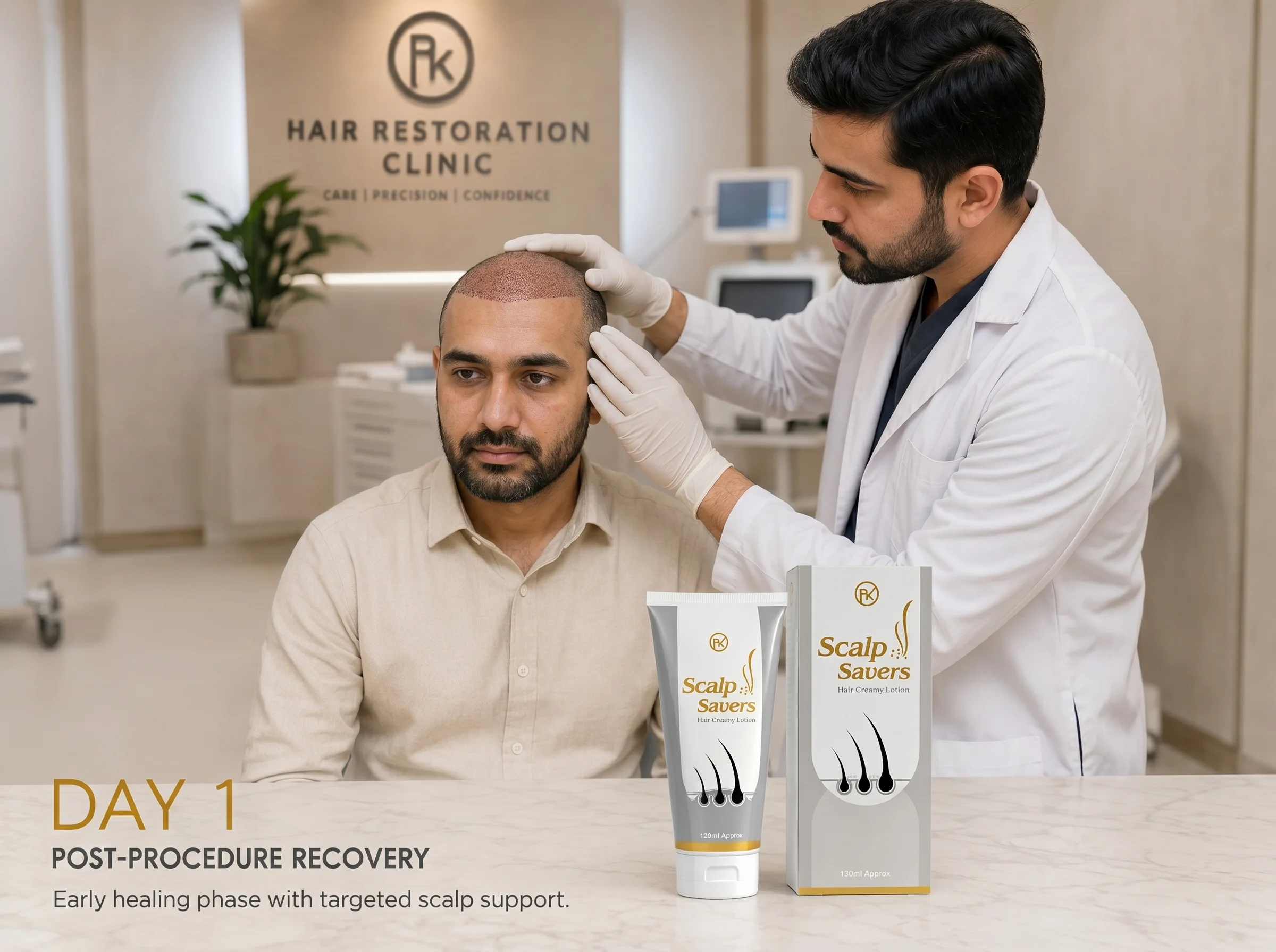 Day 1 hair transplant recovery with Scalp Savers Hair Creamy Lotion.