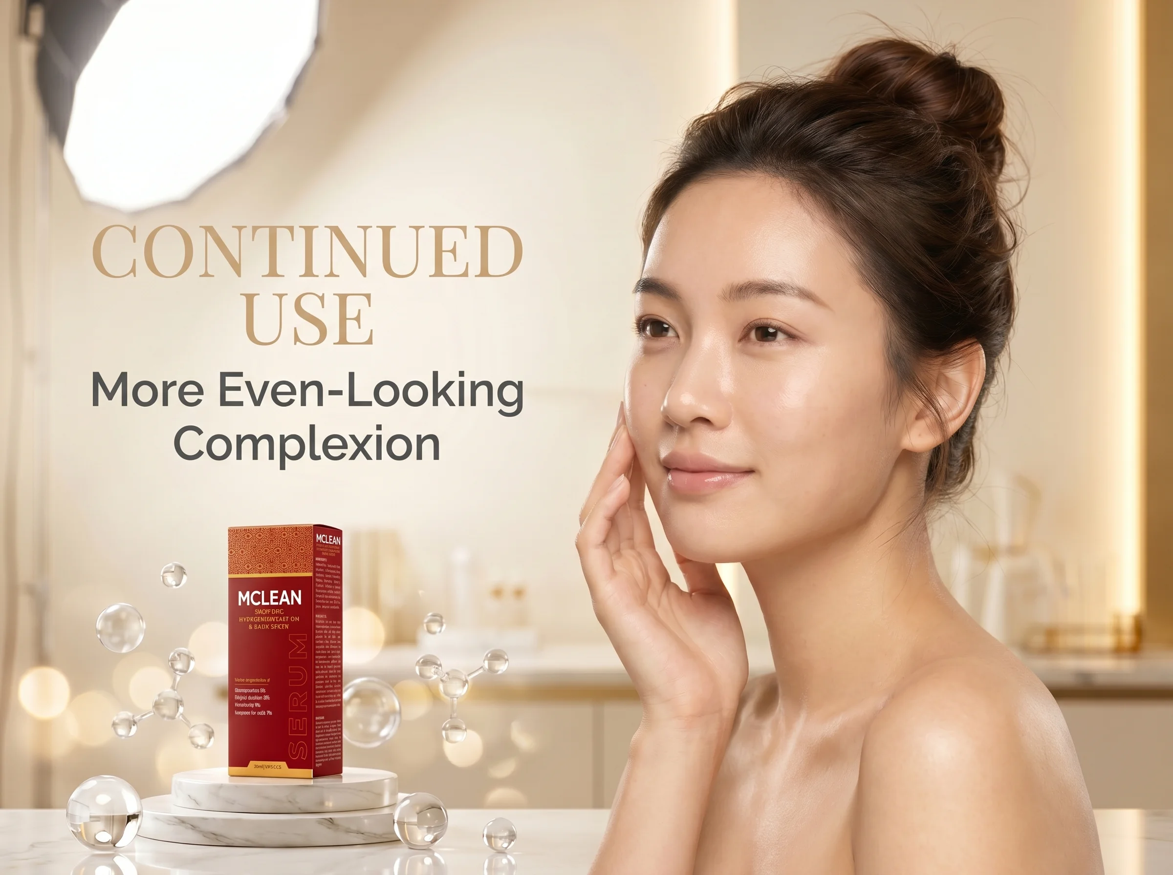 Elegant beauty campaign showing a woman with balanced, healthy-looking skin and MCLEAN Pigment Correcting Serum surrounded by soft champagne lighting and scientific skincare details