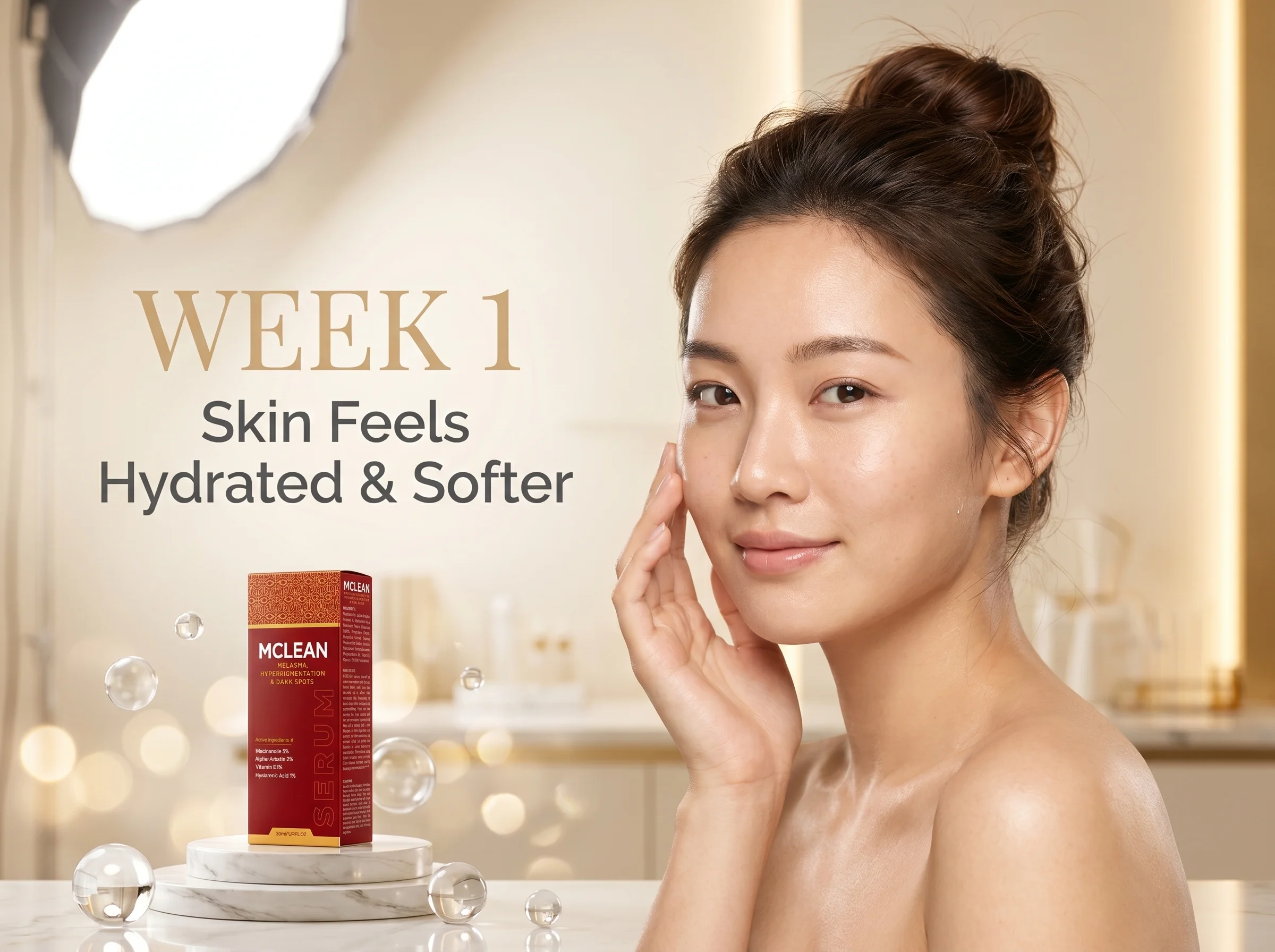 Luxury beauty campaign featuring a woman with naturally hydrated skin beside MCLEAN Pigment Correcting Serum displayed on a white marble pedestal with elegant scientific skincare elements