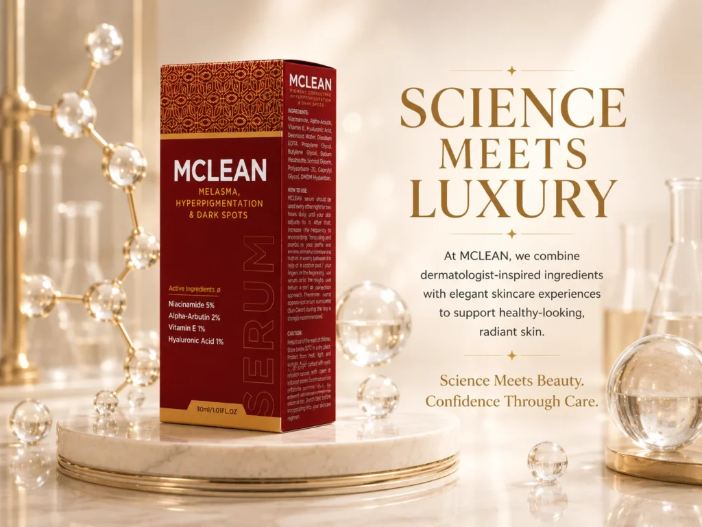 Premium skincare advertisement illustrating healthy, even-looking skin maintenance with MCLEAN Pigment Correcting Serum in a warm champagne and ivory editorial setting