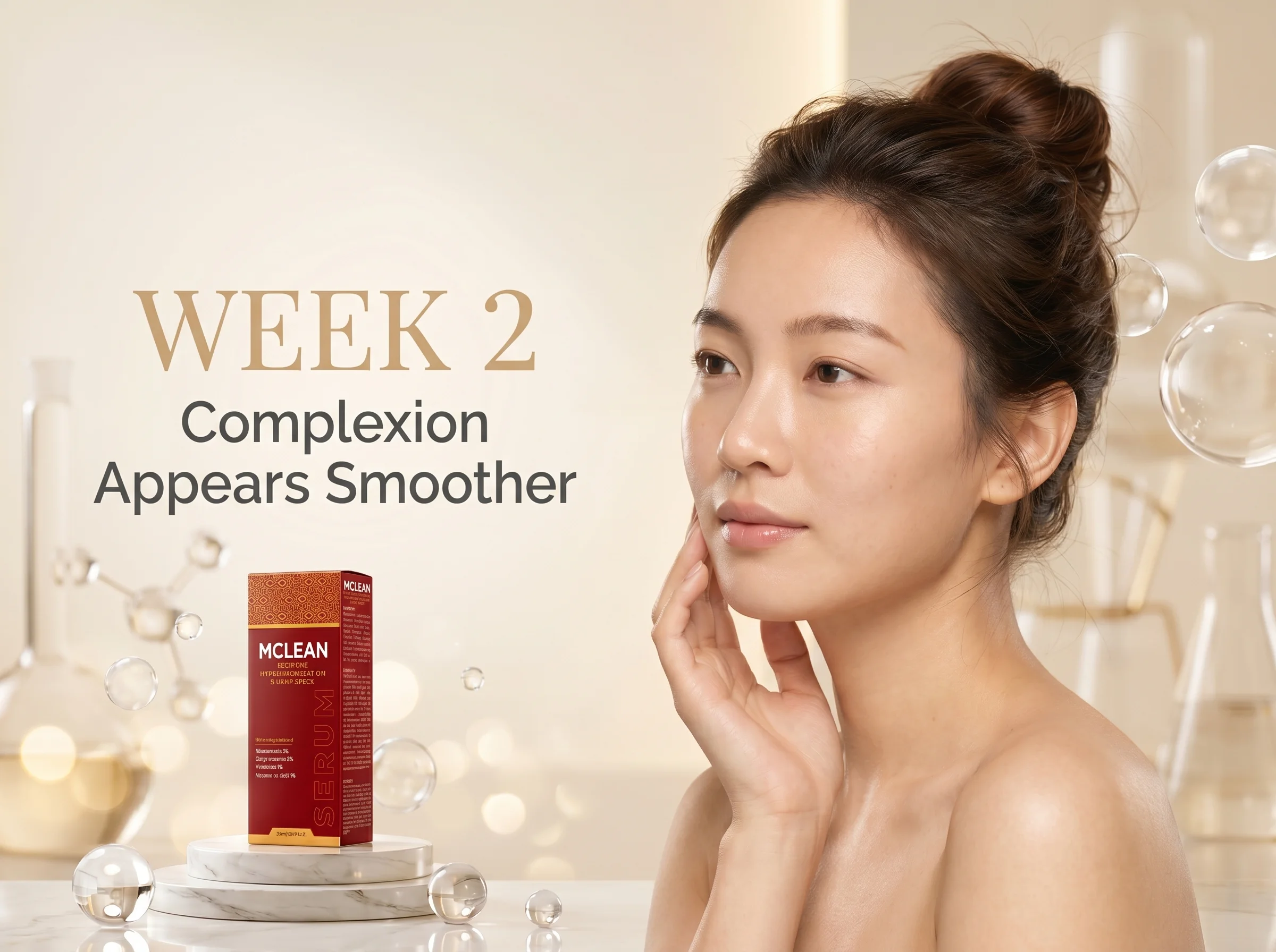 Premium skincare editorial showing a woman with smoother-looking skin and healthy glow alongside MCLEAN Pigment Correcting Serum in an ivory and champagne-toned beauty laboratory setting