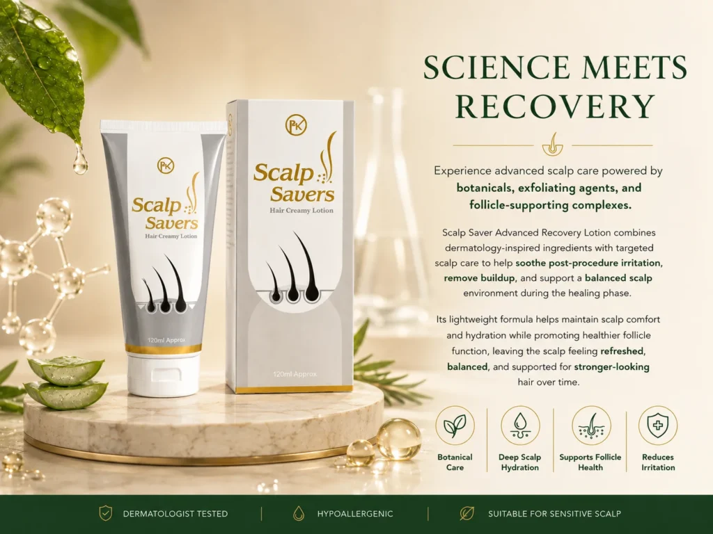 Scalp Savers Hair Creamy Lotion product display with tube and box packaging, botanical ingredients, and scientific skincare visuals on a luxury marble platform.
