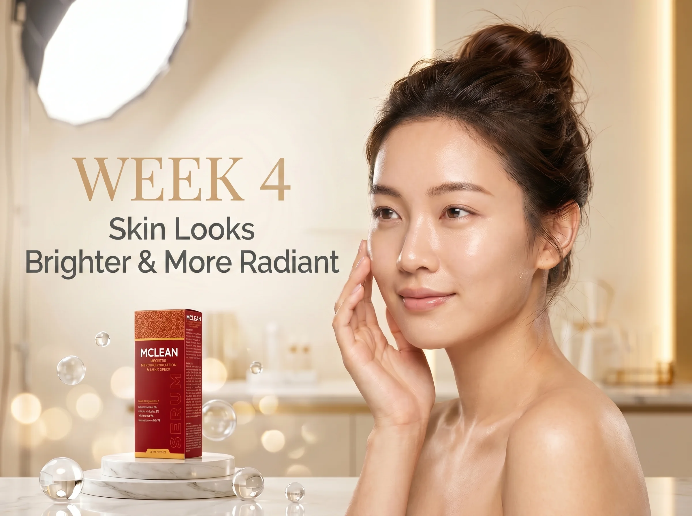 Ultra-luxury skincare advertisement featuring a radiant East Asian woman with luminous skin and MCLEAN Pigment Correcting Serum displayed on a marble platform with crystal accents