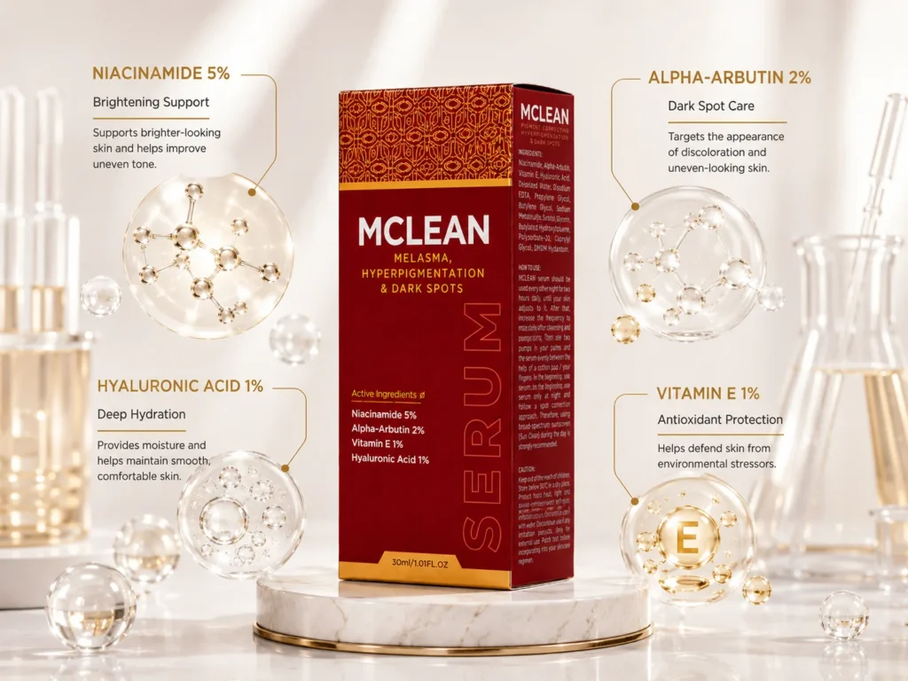 Vogue-inspired skincare portrait of a woman with natural makeup and glowing skin posing beside MCLEAN Pigment Correcting Serum in a sophisticated ivory beauty studio