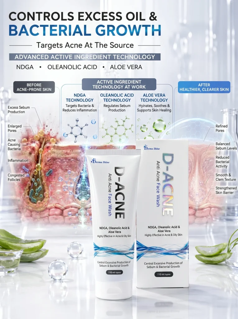 rk derma care Premium product photography of D-ACNE Face Wash featuring NDGA, Oleanolic Acid and Aloe Vera formula.