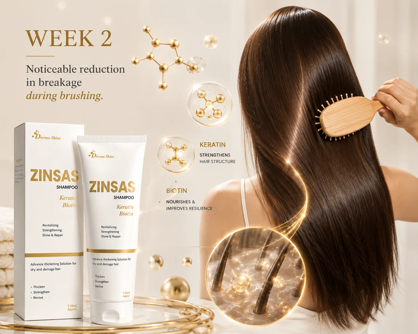 Woman brushing smooth, healthy hair with ZINSAS Shampoo, highlighting reduced breakage and stronger strands.