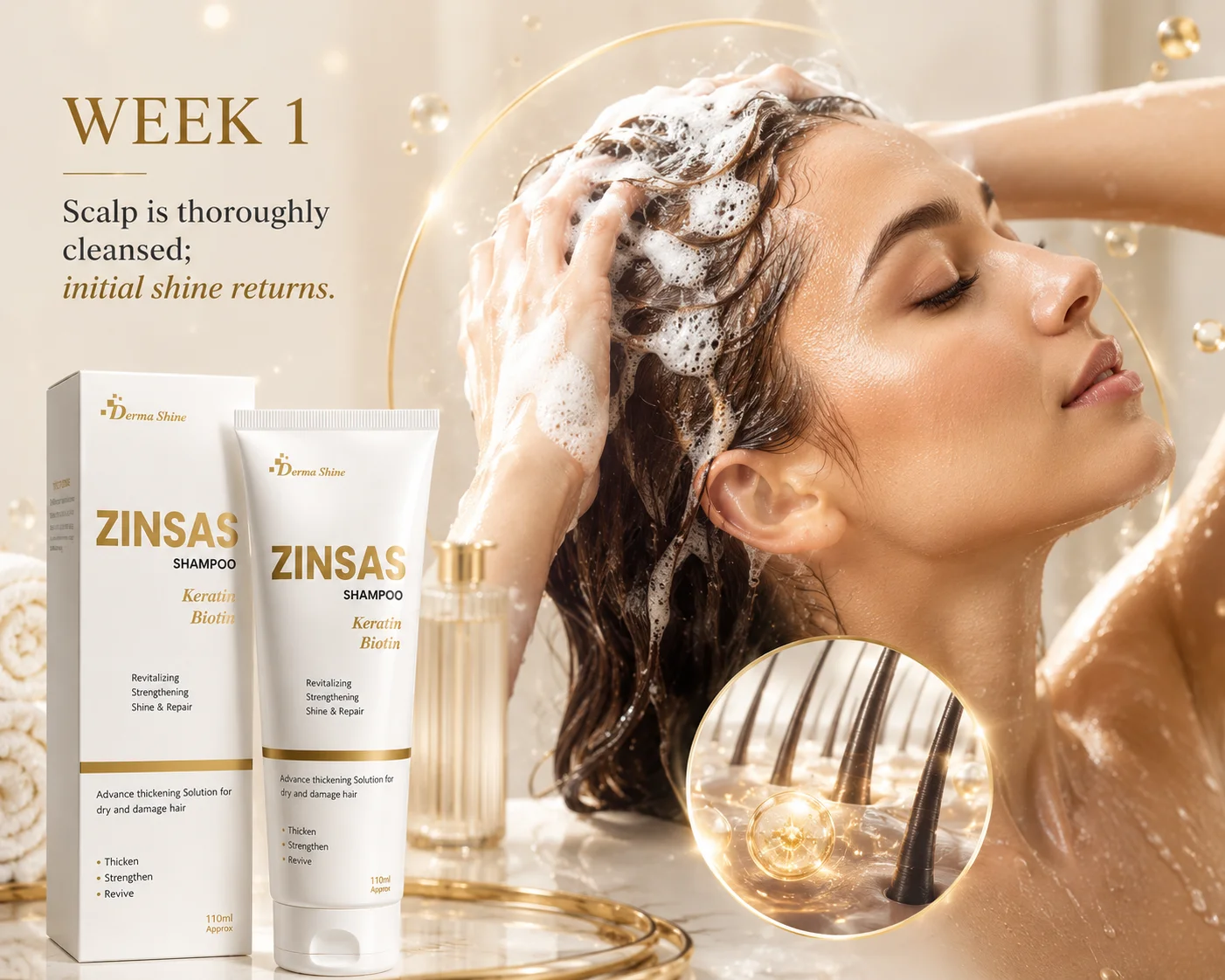 Woman washing her hair with ZINSAS Shampoo, showing a cleansed scalp and restored shine after one week of use.