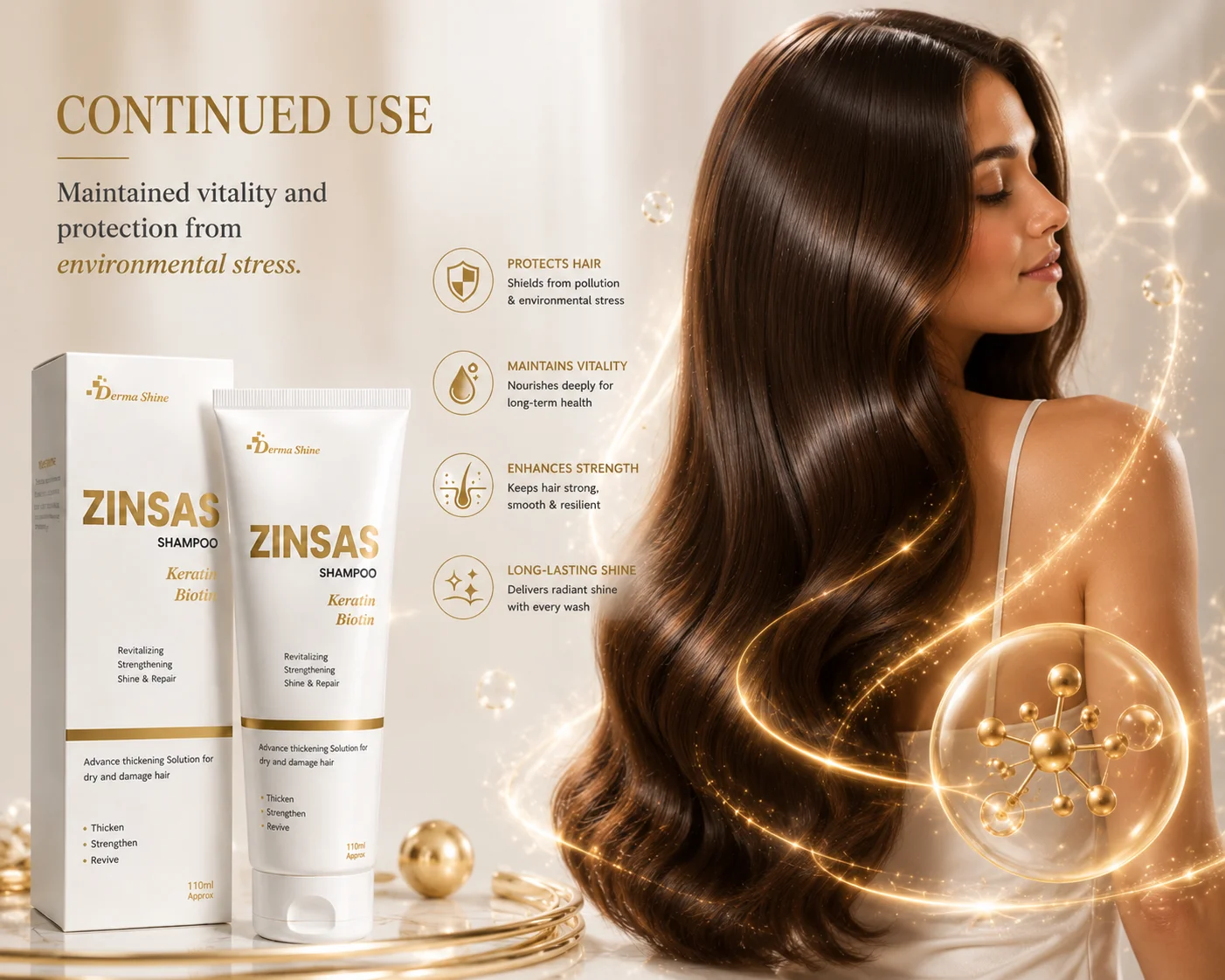 Woman with silky, protected hair showcasing long-term vitality, strength, and shine from continued ZINSAS Shampoo use.