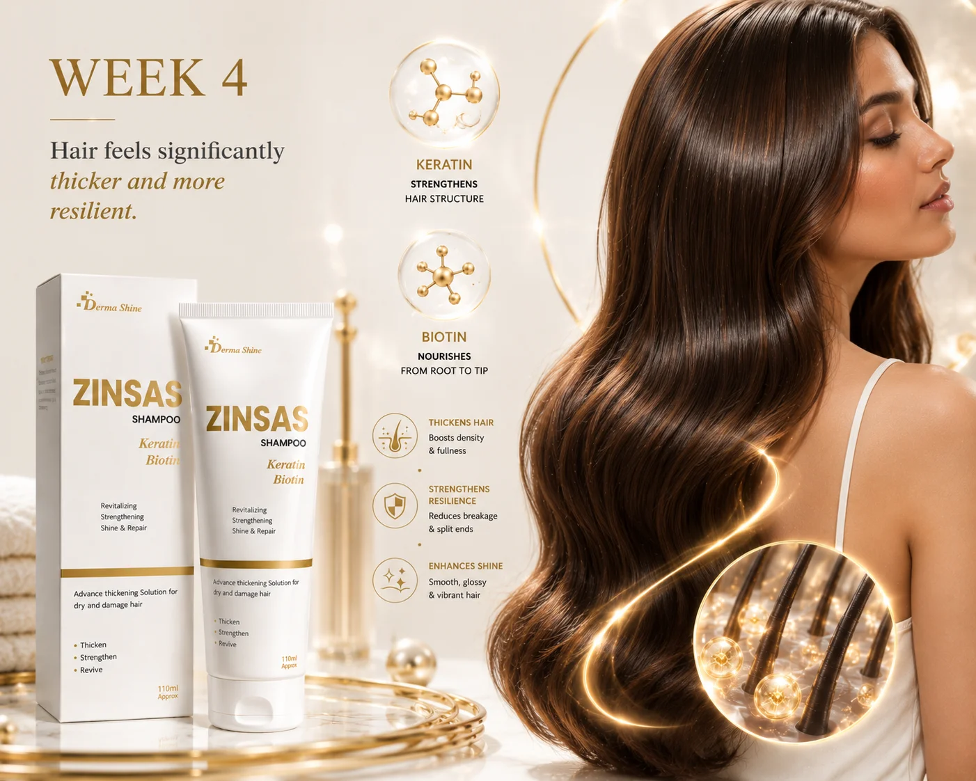 Woman with thicker, fuller, and shinier hair after four weeks of ZINSAS Shampoo treatment.