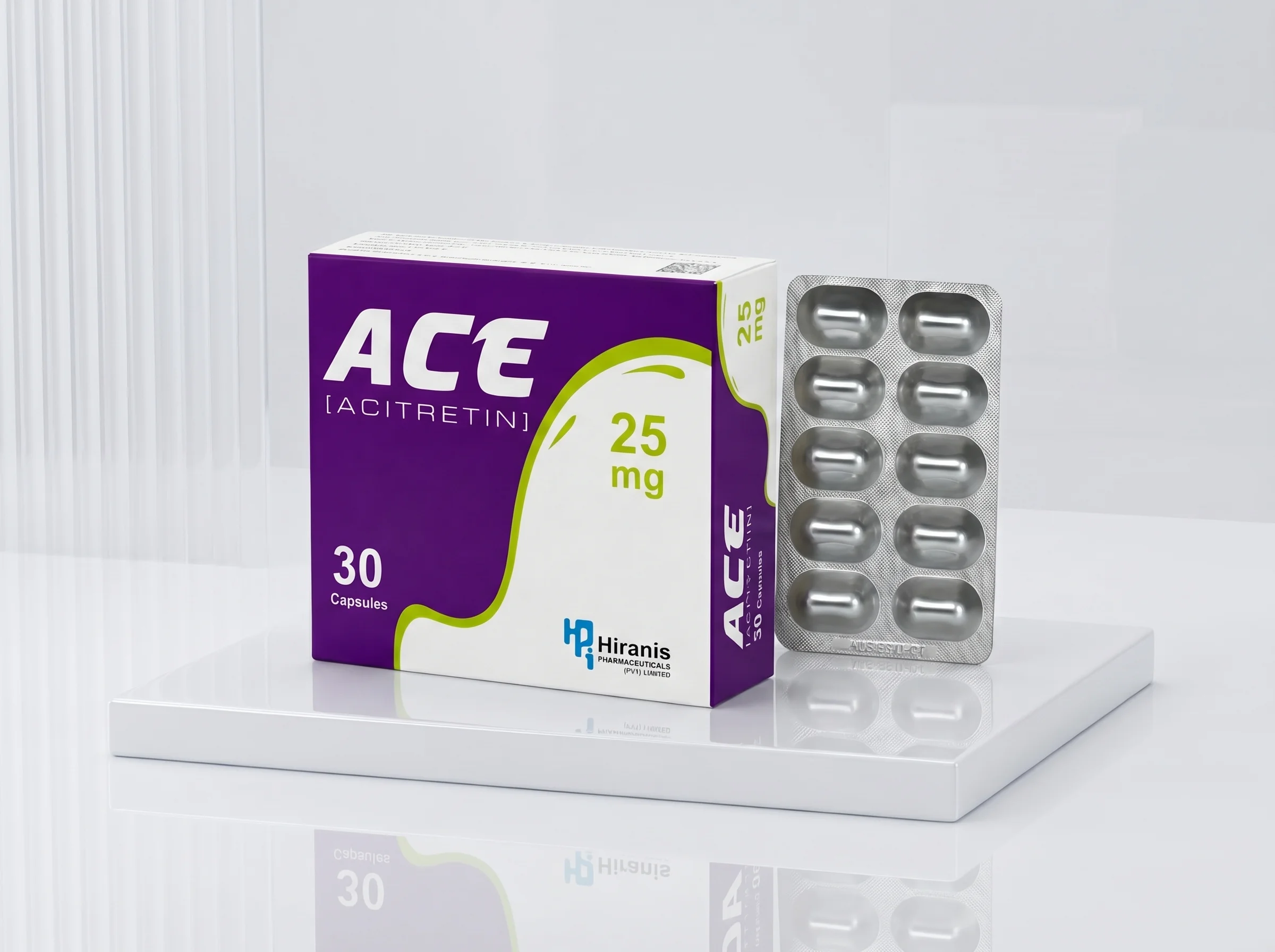 Close-up view of ACE Acitretin 25mg pharmaceutical carton highlighting packaging design, dosage information, and branding details
