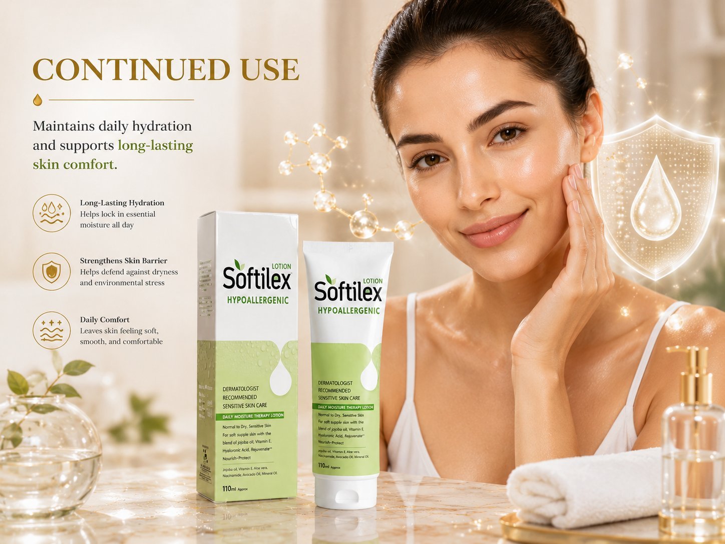 Continued use Softilex skincare image showing soft, nourished skin and daily moisture support.