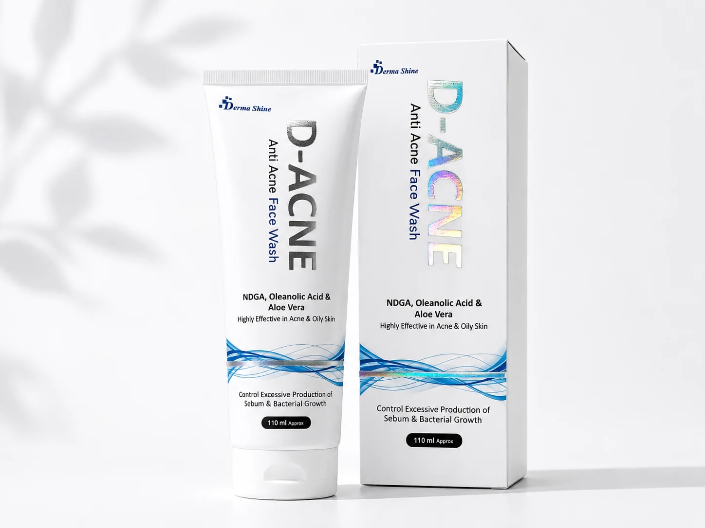 D-ACNE Anti Acne Face Wash original tube beside packaging box with holographic branding details