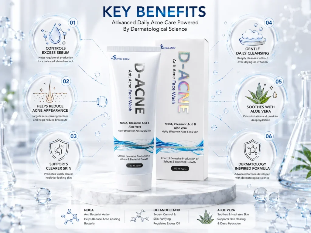D-ACNE Face Wash hero product display with soft shadows and elegant studio lighting