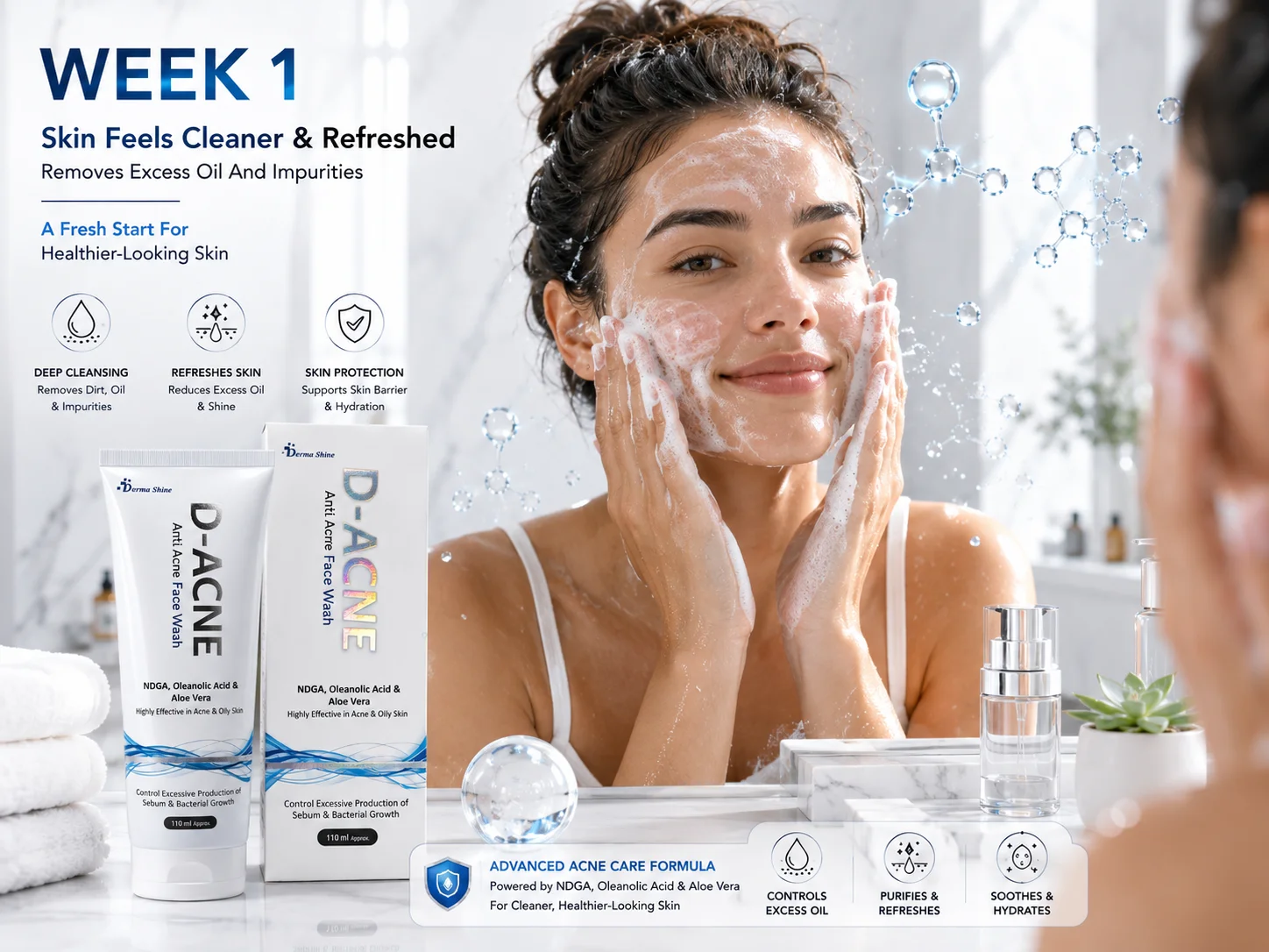 D-ACNE Face Wash with benefit icons highlighting oil control, cleansing and clearer-looking skin