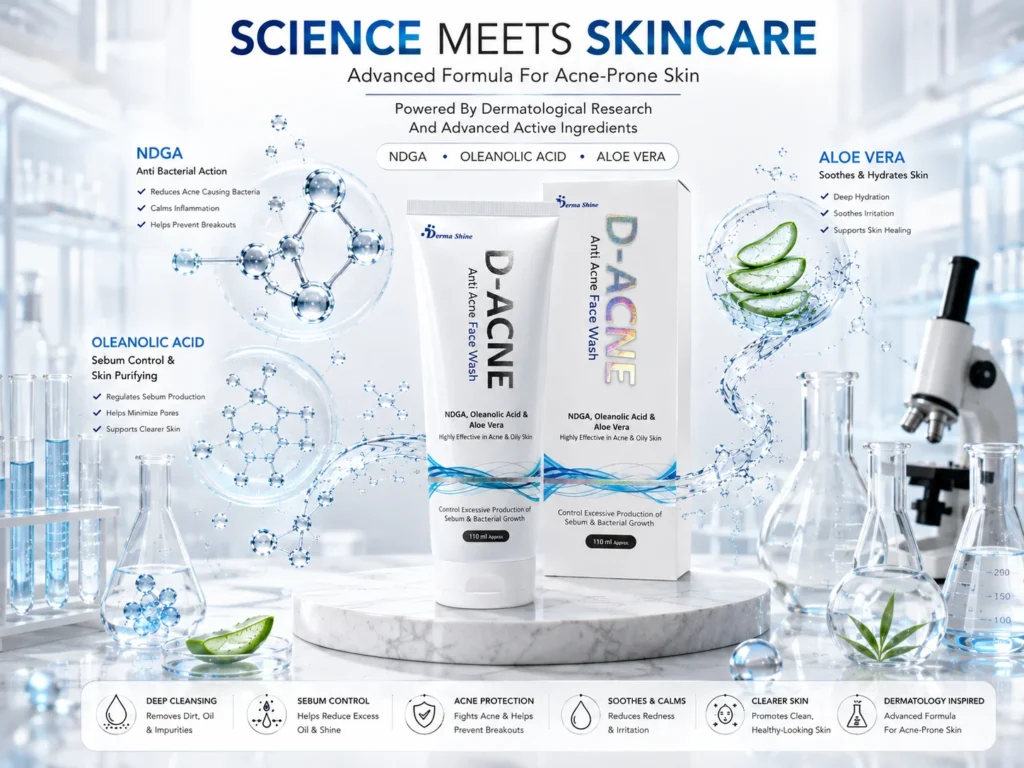 D-ACNE skincare packaging with silver holographic logo and luxury pharmaceutical design