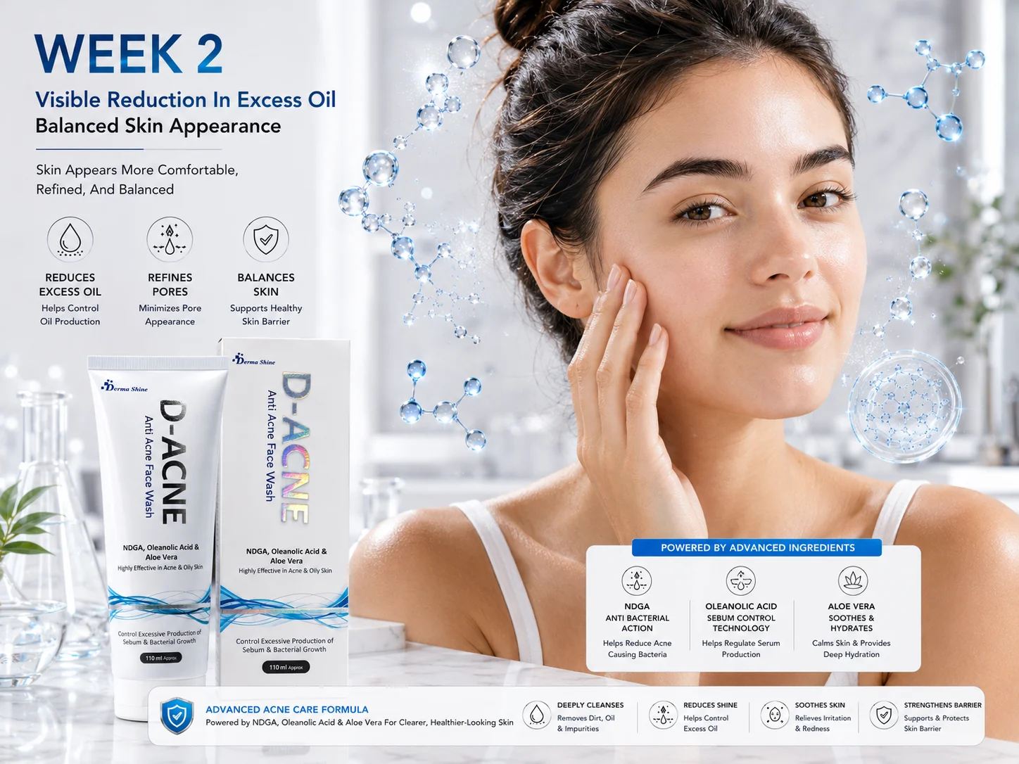 Luxury skincare campaign image of D-ACNE Face Wash on elevated white podium