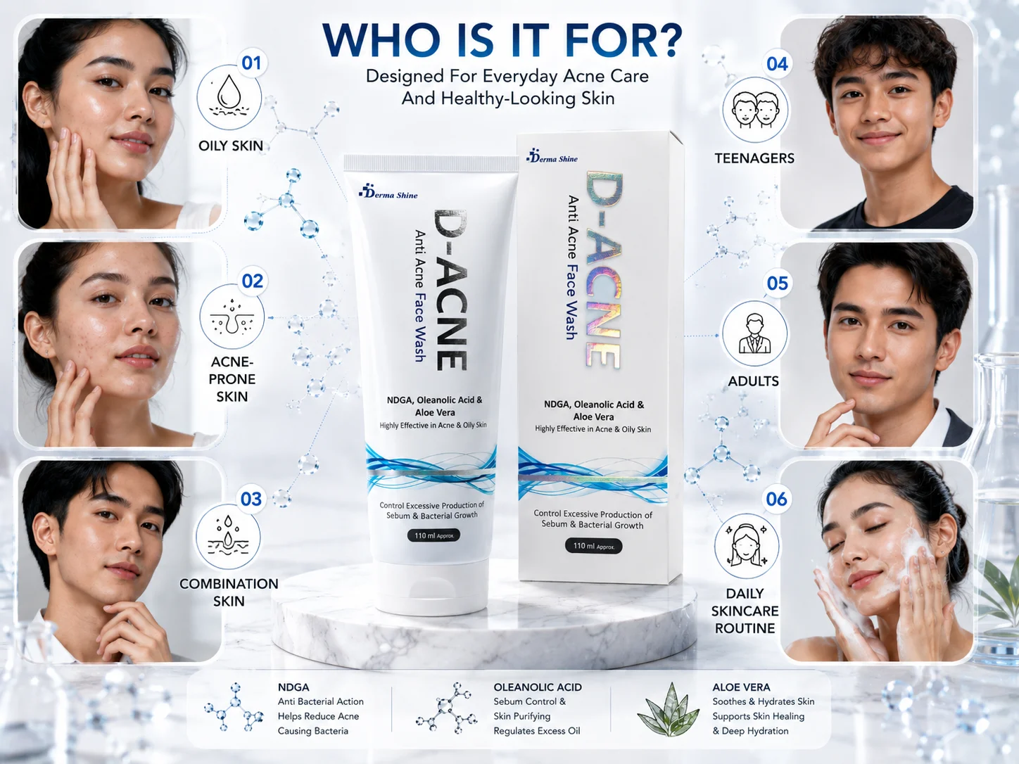 Premium dermatology skincare branding showcasing D-ACNE Face Wash for acne-prone and oily skin