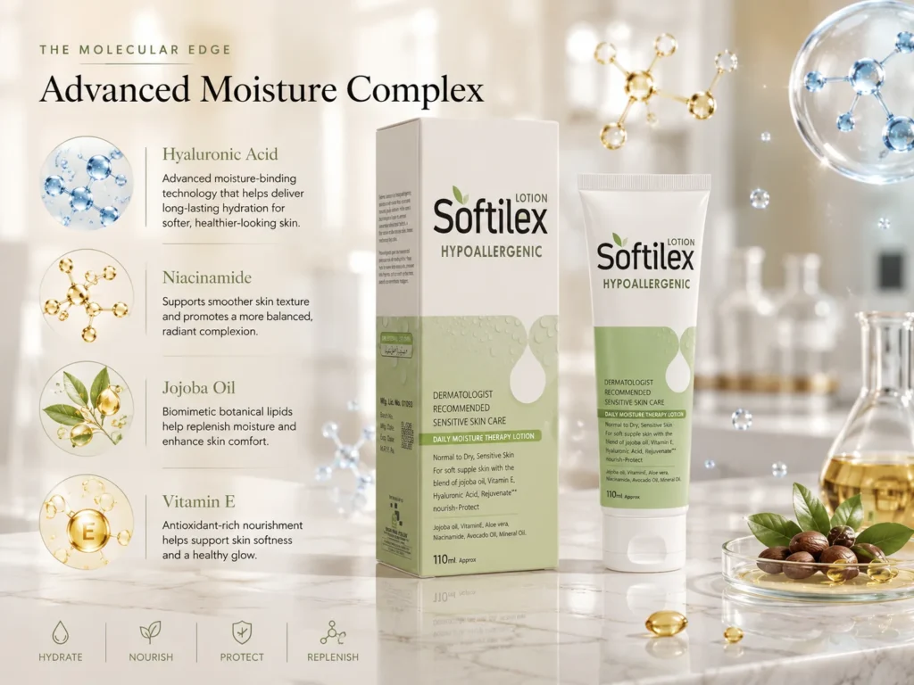RK Derma Softilex Hypoallergenic Lotion and box on a marble surface surrounded by elegant skincare and hydration visuals.