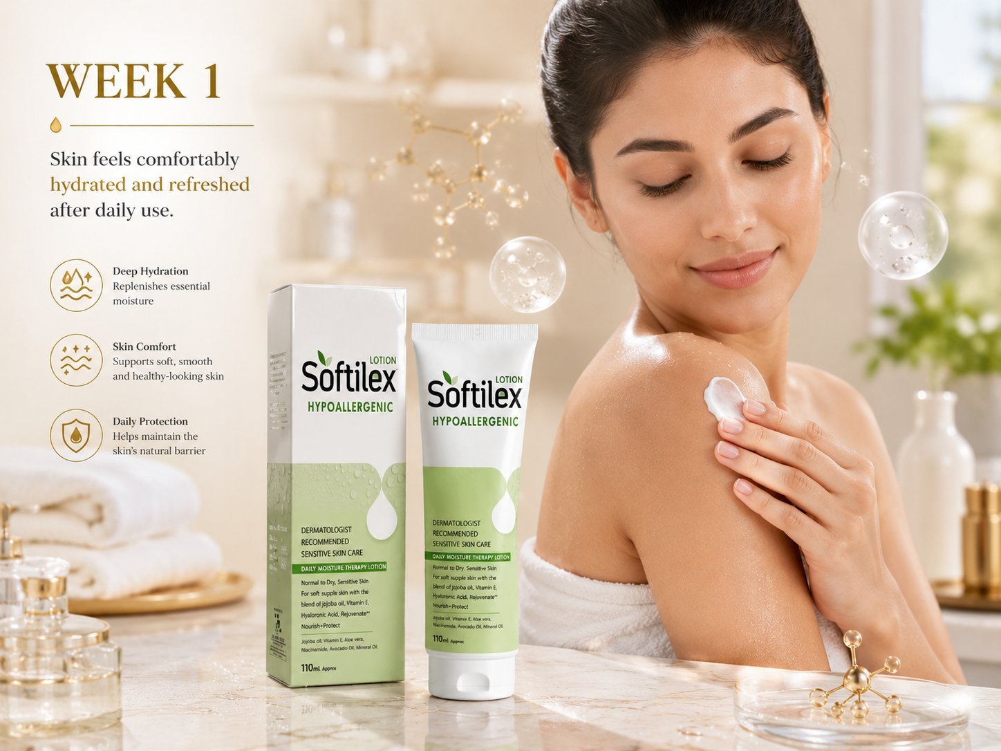 Softilex Hypoallergenic Lotion luxury skincare campaign with radiant model and premium hydration benefits.