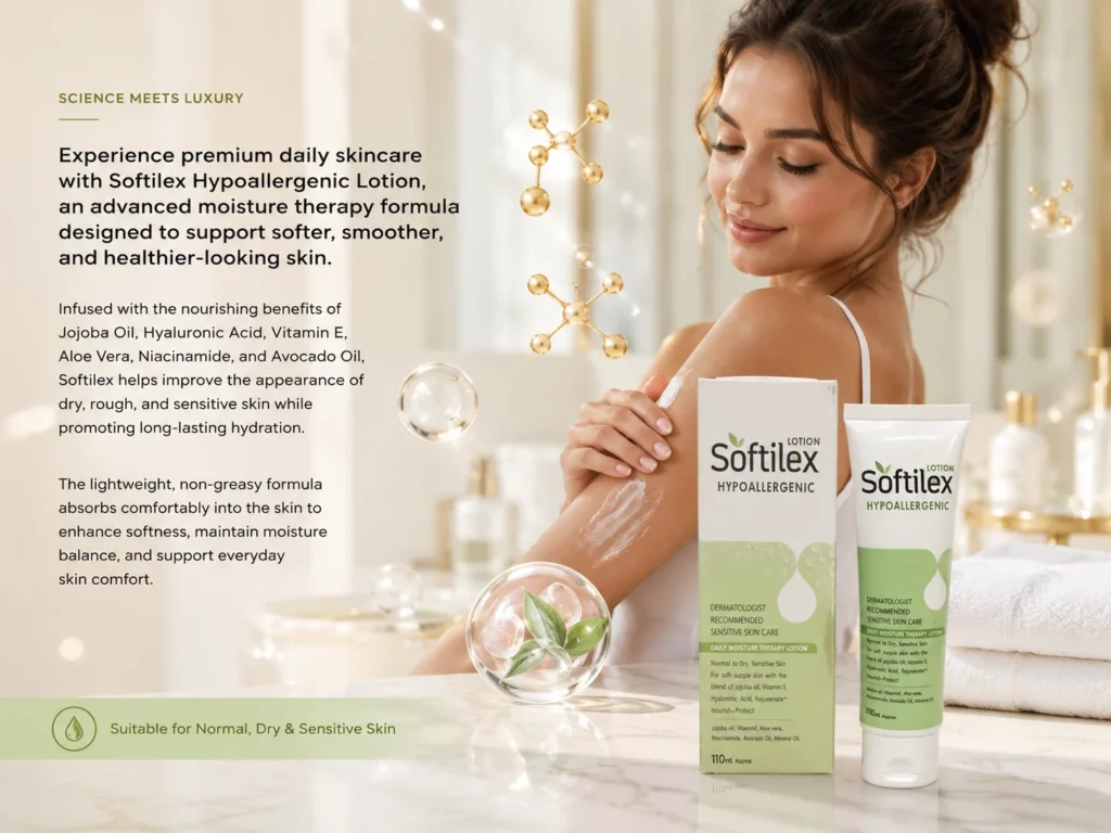 Softilex Hypoallergenic Lotion with carton packaging displayed in a premium dermatology-inspired skincare setting with scientific luxury elements.