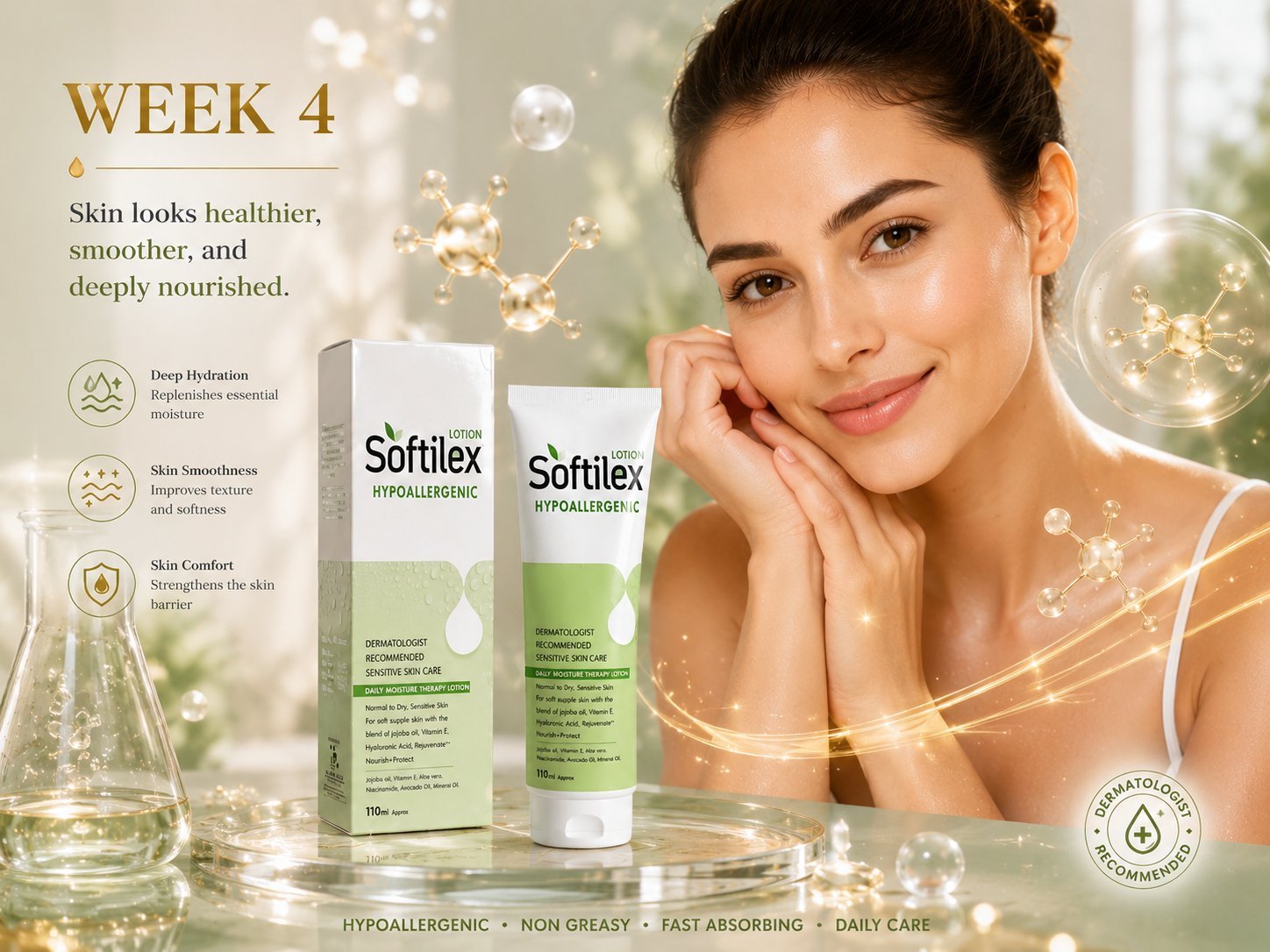Softilex lotion and carton packaging with hydrated skin model in premium dermatology-inspired campaign.