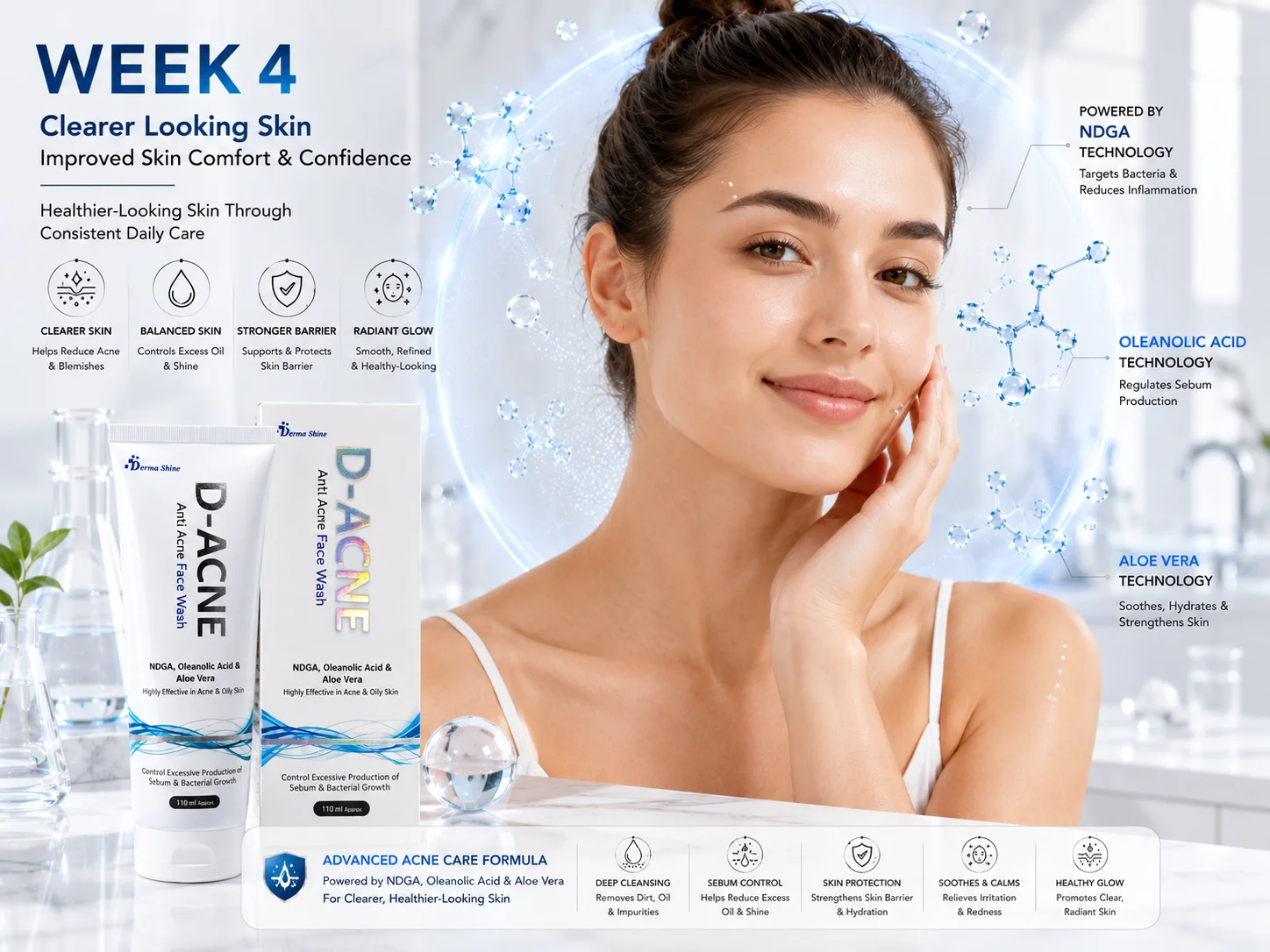 Ultra-realistic product render of D-ACNE Anti Acne Face Wash with original packaging details