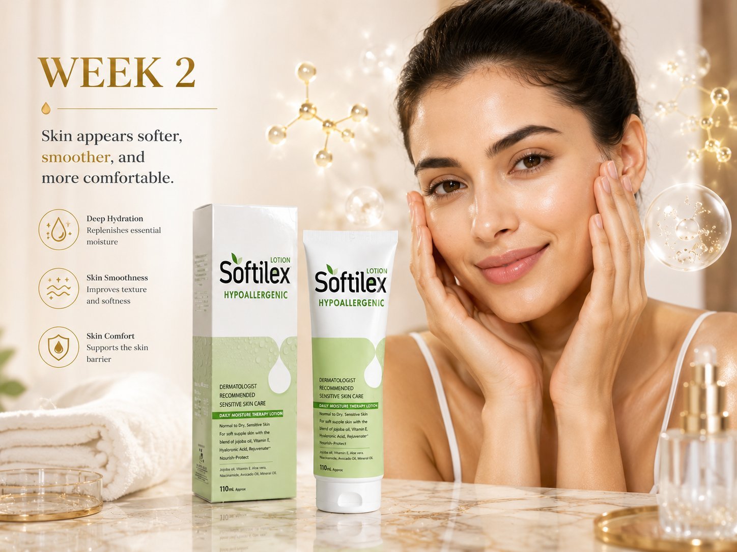 Woman with healthy glowing skin beside Softilex Hypoallergenic Lotion in luxury skincare advertisement.